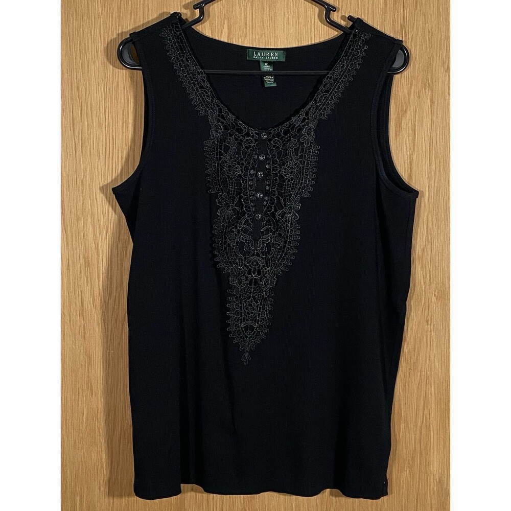 Lauren Ralph Lauren Women's 1X Ribbed Tank Black Lace Office Siren Dark Fairy
